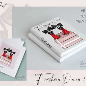 以下が含まれることがあります： 「Fashion Queen」という文字が書かれた白い本と、箱の上に置かれた黒と赤のハイヒールのイラスト。この本は、「Fashion」という文字が書かれた別の白い本のの上に重ねられています。「All you need is new shoes.」という文字が白地に黒で書かれています。