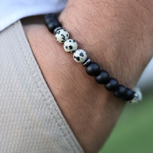 Custom Engraved Wooden Gift Box Men&#39;s Bracelet with Black Onyx, Dalmatian jasper, Hematite Gemstones - Anxiety Bracelet