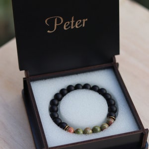 Onyx noir mat avec bracelet en unakite, bracelet d&#39;équilibre, bracelet pour homme, bracelet extensible, bracelet de pierres précieuses, bracelet de guérison, cadeaux pour homme