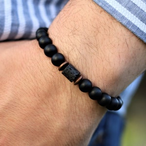 Matte Black Onyx and  Cylinder Lava Bracelet,Balance Bracelet,Mens Bracelet,Stretch Bracelet,Gemstone Bracelet,Healing Bracelet,Men gifts