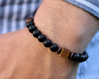 Matte Black Onyx and Cube Tiger Eye Men's Bracelet - Balance, Stretch, Gemstone Healing Bracelet for Men - Perfect Men's Gift