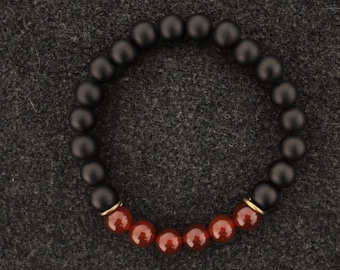 Personalized Black Onyx, Red Agate Gemstone Men's Bracelet in Custom Engraved Wooden Gift Box