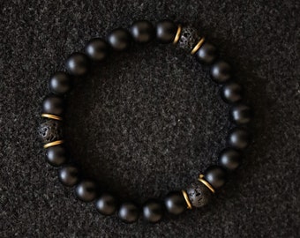 Bracelet onyx noir mat et lave, bracelet équilibre, bracelet pour homme, bracelet extensible, bracelet de pierres précieuses, bracelet de guérison, cadeaux homme, bracelet homme