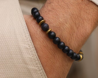 Pulsera de ónix negro mate y lava, pulsera de equilibrio, pulsera para hombre, pulsera elástica, pulsera de piedras preciosas, pulsera curativa, regalos para hombres