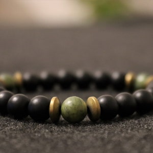 Matte Black Onyx and Jade Bracelet: Balance Bracelet for Men, Gemstone Stretch Healing Bracelet - Custom Engraved Wooden Gift Box