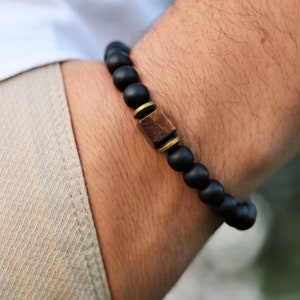 Matte Black Onyx and Cube Tiger Eye Men&#39;s Bracelet - Balance, Stretch, Gemstone Healing Bracelet for Men - Perfect Men&#39;s Gift