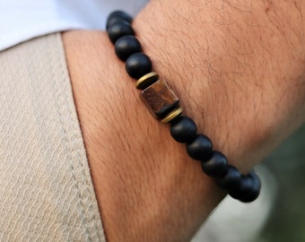 Matte Black Onyx and Cube Tiger Eye Men's Bracelet - Balance, Stretch, Gemstone Healing Bracelet for Men - Perfect Men's Gift