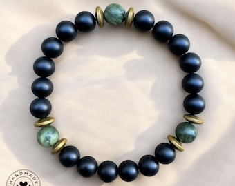 Matte Black Onyx and Jade Balance Bracelet for Men, Healing Gemstone Stretch Beaded Bracelet, Protection Energy Jewelry Gift for Him