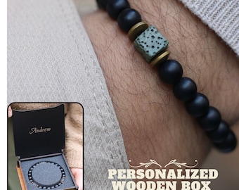 Pulsera de ónix negro mate y lava de cubo verde, pulsera de equilibrio, pulsera para hombre, pulsera elástica, pulsera de piedras preciosas, pulsera curativa, regalos para hombres