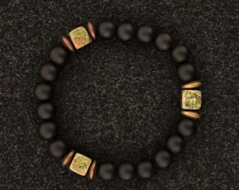 Matte Black Onyx with Cube Unakite Bracelet: Stylish Men's Gemstone Healing Bracelet for Balance and Wellness