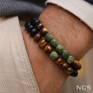 Conjunto de pulseiras personalizadas de pedras preciosas masculinas para proteção, aterramento e energia, ônix, olho de tigre e jaspe, presente para namorado, pulseira para casais