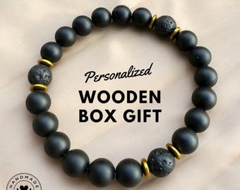 Pulsera de ónix negro mate y lava, pulsera de equilibrio, pulsera para hombre, pulsera elástica, pulsera de piedras preciosas, pulsera curativa, regalos para hombres