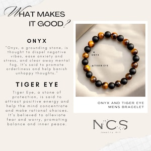 Matte Black Onyx and Cube Tiger Eye Men&#39;s Bracelet - Balance, Stretch, Gemstone Healing Bracelet for Men - Perfect Men&#39;s Gift