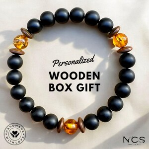 Matte Black Onyx and Amber Bracelet,Balance Bracelet,Mens Bracelet,Stretch Bracelet,Gemstone Bracelet,Healing Bracelet,Men gifts