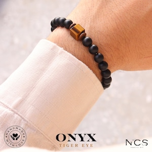 Matte Black Onyx and Cube Tiger Eye Men&#39;s Bracelet - Balance, Stretch, Gemstone Healing Bracelet for Men - Perfect Men&#39;s Gift