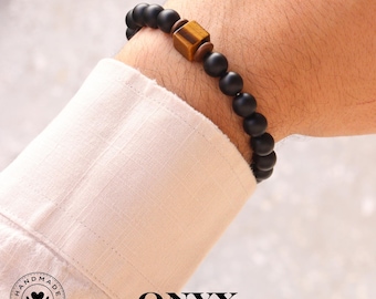 Matte Black Onyx and Cube Tiger Eye Men's Bracelet - Balance, Stretch, Gemstone Healing Bracelet for Men - Perfect Men's Gift