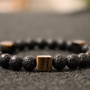 Personalized Men&#39;s Bracelet for 1 Year Anniversary Gift in Wooden Gift Box - Lava and Cube Tiger Eye, Balance Bracelet