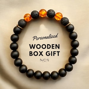 Handmade Onyx, Amber and Lava Stone Bracelet - Personalized Natural Stone Bracelet with Engraved Name in Wooden Box - Unique Gift Ideas