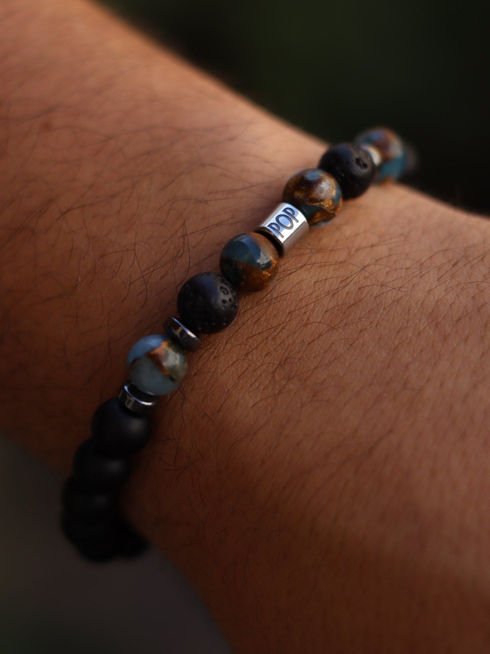 Personalized Mens Gemstone Bracelet for Protection, Grounding and Energy- Onyx, Quartz, Lava -Custom Engraved Wooden Box Gift Set