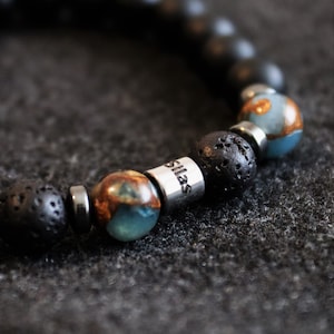 Personalized Mens Gemstone Bracelet for Focus - Custom Bracelet Engraved Names - Custom Engraved Charms- Custom Engraved Wooden Box Gift Set