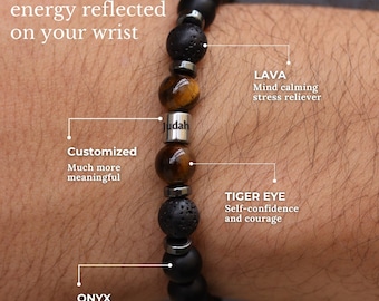 Personalized Mens Gemstone Bracelet for Protection, Grounding and Energy-Onyx, Hematite, Lava, Tiger Eye-Custom Engraved Wooden Box Gift Set