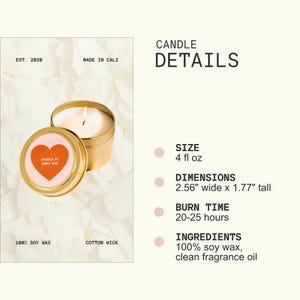 The image is a collage of several images, including a candle in a tin, a heart-shaped label, and a candle in a gold tin. The collage does not contain any text.