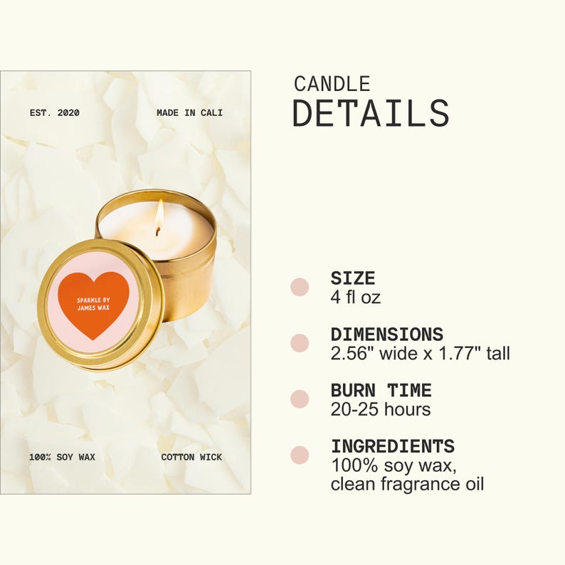 The image is a collage of several images, including a candle in a tin, a heart-shaped label, and a candle in a gold tin. The collage does not contain any text.