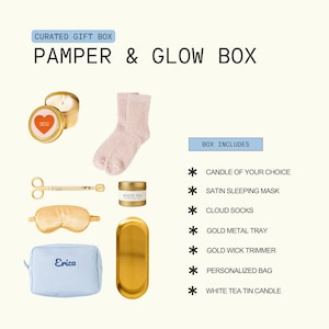 The image is a gift box containing various items, including a candle, a pair of fuzzy socks, a white tea tin, and other personal care products.