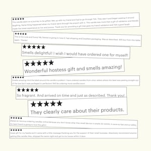 a collection of positive reviews for a scented candle, with stars indicating that the candles are described as "amazing" and "fragrant". The reviews express satisfaction with the candles, noting that they smell good and arrive on time. The reviews also mention that the candles are made with care and are recommended for small businesses.