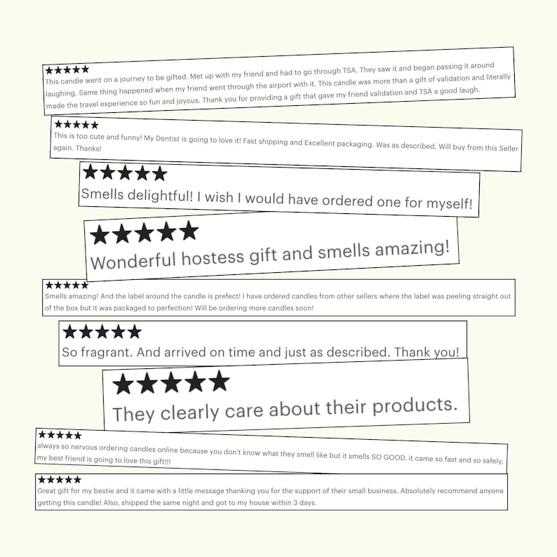 a collection of positive reviews for a scented candle, with stars indicating that the candles are described as "amazing" and "fragrant". The reviews express satisfaction with the candles, noting that they smell good and arrive on time. The reviews also mention that the candles are made with care and are recommended for small businesses.