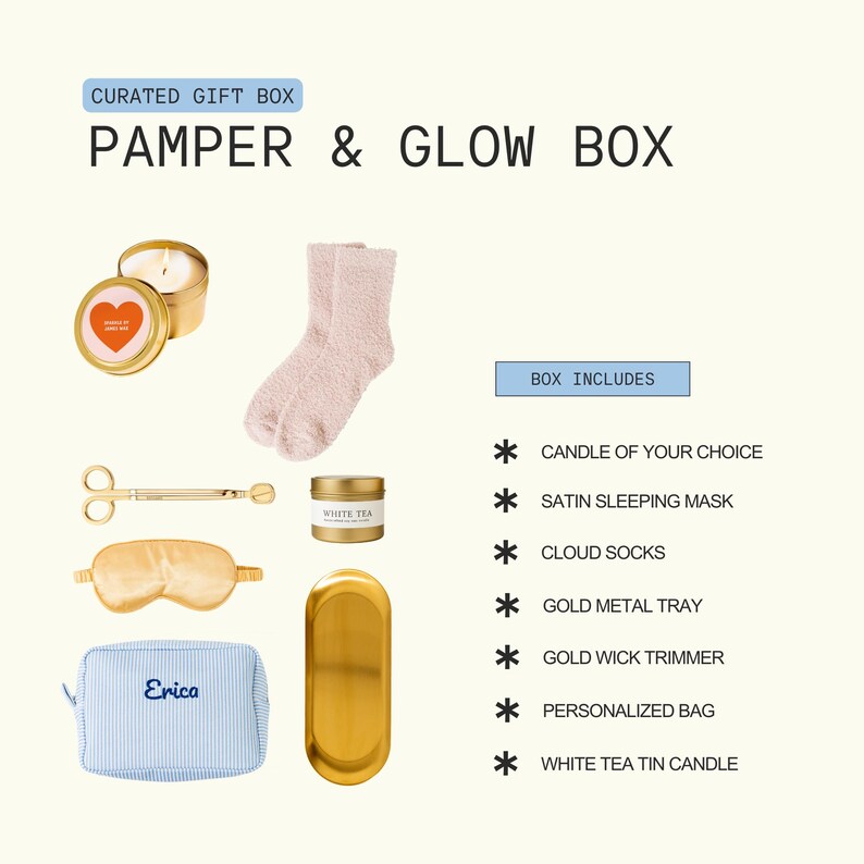 The image is a gift box containing various items, including a candle, a pair of fuzzy socks, a white tea tin, and other personal care products.