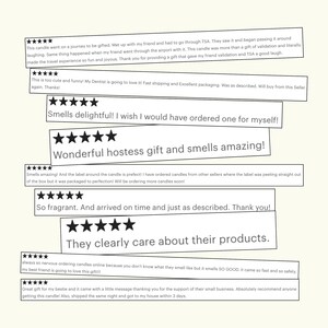 a collection of positive reviews for a scented candle, with stars indicating that the candles are described as "amazing" and "fragrant". The reviews express satisfaction with the candles, noting that they smell good and arrive on time. The reviews also mention that the candles are made with care and are recommended for small businesses.