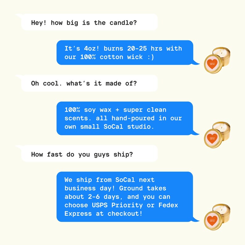 three blue chat bubbles with text and images, discussing the size and features of a candle.