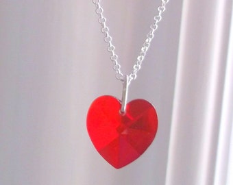 Red Swarovski Crystal Heart Pendant Necklace, Heart Charm Necklace, Valentines Day Gifts for Her.