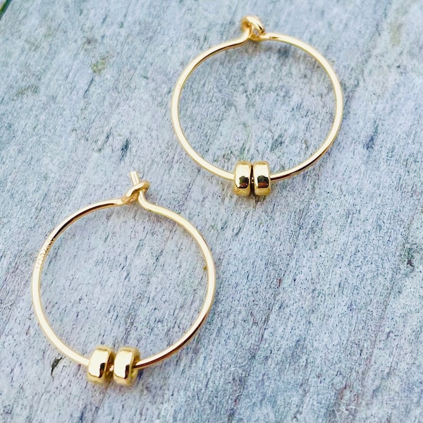 14K Gold Hoop Earrings with Small 14K Gold Rondelle Beads, 14K Gold Filled 15mm Hoop Earrings with Rondelles