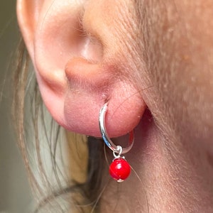 Boho Silver Hoops with Coral Gemstone Drops, Small 12mm Sterling Silver Hoops with small Coral Drops