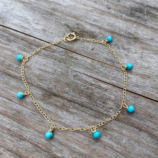9ct Gold Bracelet with Tiny Turquoise Beads, Solid 9ct Gold Dainty Bracelet with Turquoise Gemstone Charms