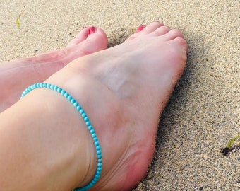 Tiny Turquoise Beaded Anklet: Sterling Silver Layering Gemstone