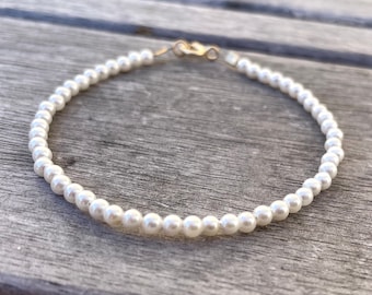 9ct Gold Tiny Pearl Bracelet, Small Grade A Ivory Freshwater Pearl Bracelet with 9ct Gold Clasp