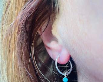 12mm Silver Hoops with Turquoise Gemstones, December Birthstone