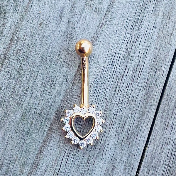 9ct Gold Belly Bar with Heart Crystal, 9ct White Gold Belly Bar with Heart Crystal
