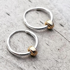 14K Gold Rondelles on 20mm Sterling Silver Hoop Earrings, Mixed Metal Hoop Earrings