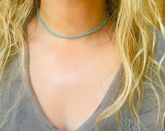 Tiny Turquoise Beaded Choker Necklace, Turquoise Gemstone Necklace with 14k Gold Clasp