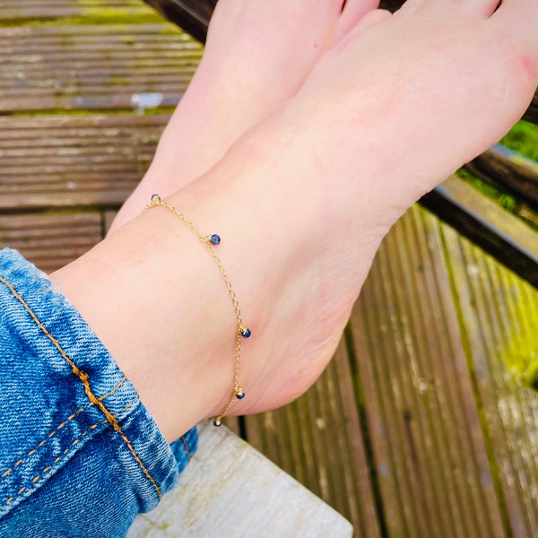 9ct Gold Anklet Sapphires, with Faceted Sapphire Beads, Boho Solid 9ct Gold Anklet with Sapphire Gemstone Drops, September Birthstone