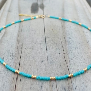 Turquoise Choker Necklace: Gold Seed Bead Layering Necklace