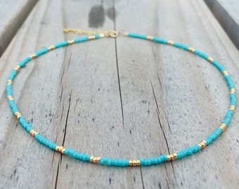 Blu delicate glass beaded necklace minimalist jewelry simple turquoise