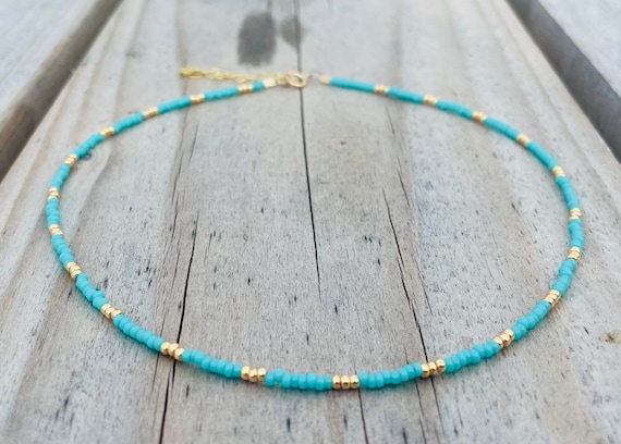 Turquoise Gold Bead Choker Necklace Tiny Turquoise and Gold | Etsy