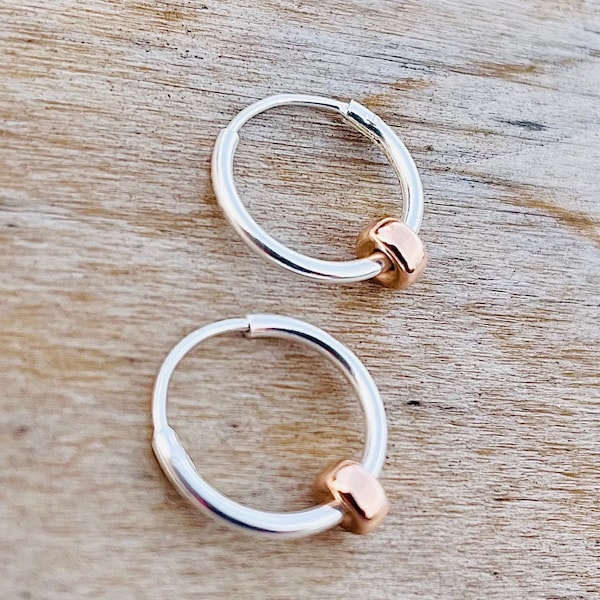Sterling Silver Hoop Earrings with 14K Rose Gold Rondelles (12mm)