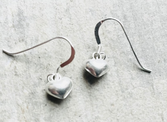 Solid Silver Heart Earrings Puffed Sterling Silver Heart Drop