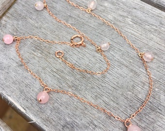 14K Rose Gold Belly Chain with Tiny Rose Quartz Gemstone Beads